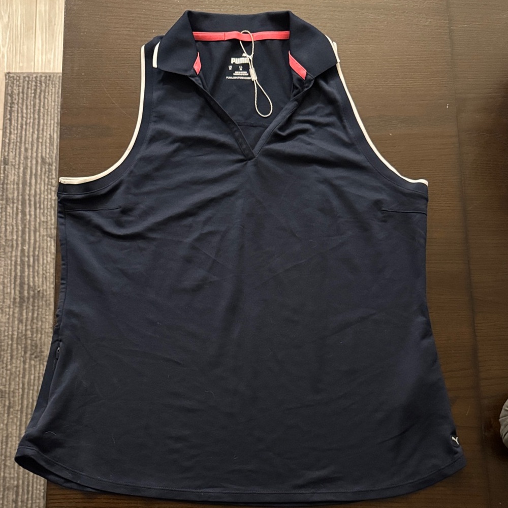 Puma Dark Blue Sleeveless Polo with Red Trim